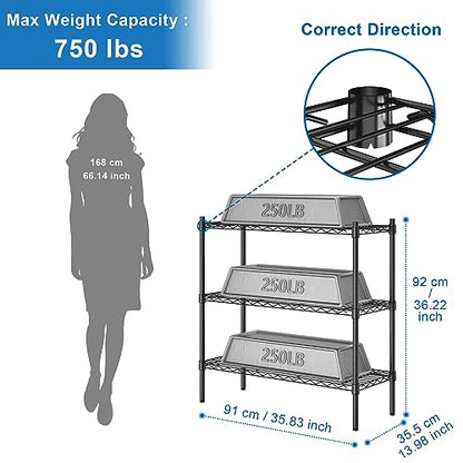 Auslar 3-Tier Heavy Duty Wire Shelving Adjustable Metal Storage Rack Black | Standing Shelving Units, Multi-Purpose Organizer for Kitchen Garage Pantry Laundry, Easy-Assembly Storage Shelf