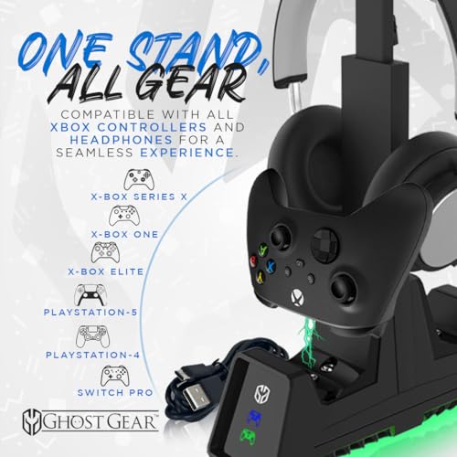 Charging Station for Xbox Series X, S, Xbox Elite, Xbox One, PS5, PS4 Controllers Dual Charger with Headphone Stand (Black with Green LED Glow) Includes Rechargeable Battery Pack