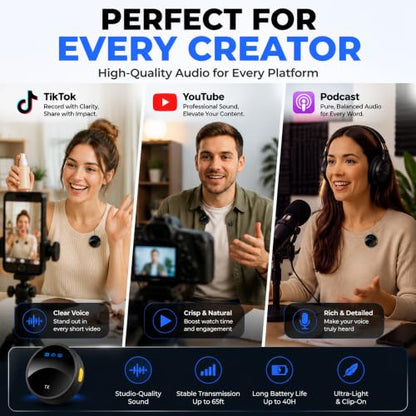 Wireless Lavalier Microphone for iPhone Android, Magnetic Lapel Mic with Noise Reduction, Clip On Mic USB C Lightning Receiver for Video, Vlogging, TikTok, YouTube, Charging Case