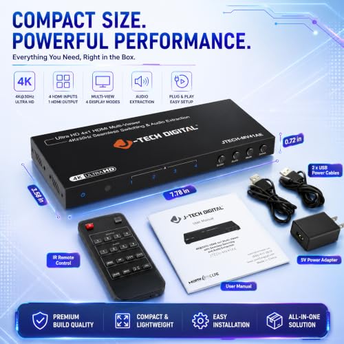 J-Tech Digital 4K HDMI Multiviewer Switch 4 in 1 Out, 4x1 4K 30Hz HDMI Quad Multiviewer Seamless Switcher with PiP, 6 Viewing Modes, Audio Extraction via Optical 3.5mm (JTECH-MV41AE)