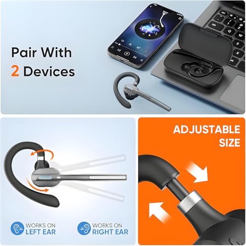 Bluetooth Headset V5.3, Wireless Earpiece with Mic for Work | 500mAh Charging Case, Noise Canceling Mic, for Trucker, Office, Business, Compatible with Cell Phone and PC