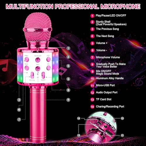 ShinePick Karaoke Microphone, 4 in 1 Wireless Microphone with LED Lights Handheld Portable Karaoke Machine, Home KTV Player, Compatible with Android & iOS Devices(Purple) - color: purple