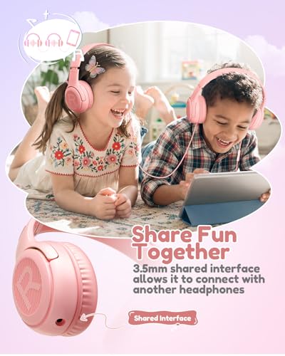 Kids Headphones with Microphone Foldable Stereo Tangle-Free 3.5mm Jack Wired Cord On-Ear Headset for Children/Teens/Boys/Girls/Smartphones/School/Kindle/Airplane Travel/Plane/Tablet (Pink) | 3.5mm Jack, HD Mic, Portable Wired Headphone with Shareport, Ste