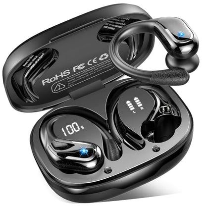 Wireless Earbuds, Sport Bluetooth 5.4 Headphones 2026 New Bluetooth Earbuds with 75Hrs Stereo, 4 ENC Mic, Noise Canceling Over-Ear Buds with Earhooks, IP7 Waterproof Earphones for Workout/Running/Gym - color: A-Black
