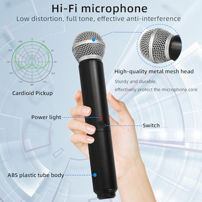 UHF 4-Channel Wireless Microphone System - 4 Handheld Dynamic Mics, 130ft Range Cordless Mic for Karaoke, Singing, DJ, Church, Wedding & Live Events (G02-4*Microphones)