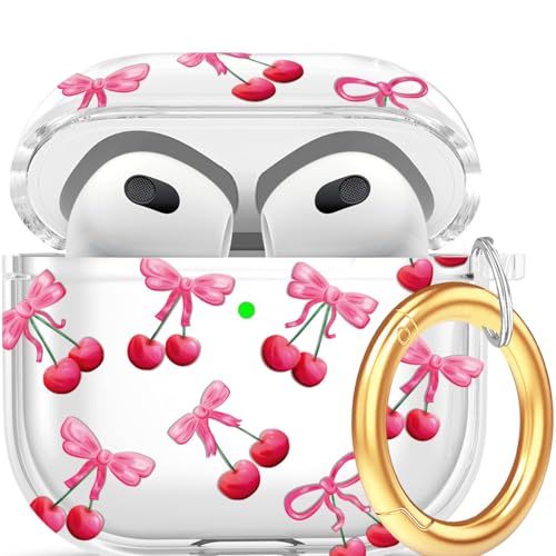 Clear Case Compatible with Airpods 3 Case Cover, Wonjury Protective Floral Case Cover with Keychain Compatible with Airpods 3 Generation (2021 Released), Front LED Visible,Pink Cherry - color: Clear Pink Cherry/Bow