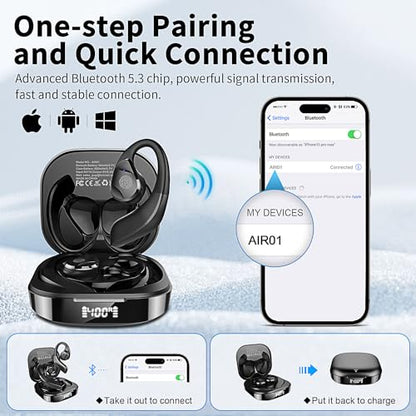BANIGIPA Open Ear True Wireless Earbuds with Immersive Premium Sound | IP54 Waterproof Bluetooth 5.3 Headphones w/ DSP Noise Cancelling Mic for Sports Long-Lasting Comfort, 50H Playtime - color: AIR01-Black
