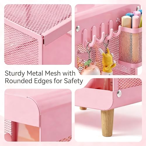 SYKIARIOL Kids Nightstand for Girls, 3-Tier Storage Shelf, Pink | Metal Bedside Table with 4 Hooks & Hanging Basket, Toddler Night Stand for Bedroom - color: Classic Pink