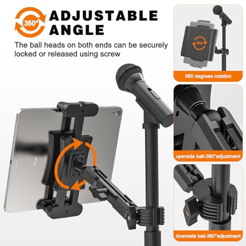 iPad Mic Stand Mount, 360 Rotation Tablet Holder for Microphone Music Stand with 5.9 Inch Metal Arm, Super C Clamp for 0.6-1.5" Diameter Rods, Compatible with All 4.7-13.5" Tablets & Smartphones