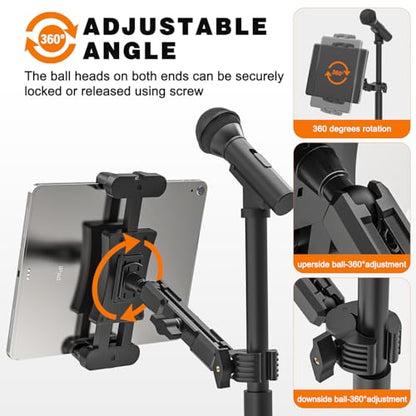iPad Mic Stand Mount, 360 Rotation Tablet Holder for Microphone Music Stand with 5.9 Inch Metal Arm, Super C Clamp for 0.6-1.5" Diameter Rods, Compatible with All 4.7-13.5" Tablets & Smartphones