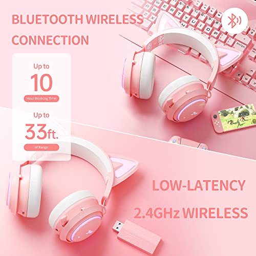 SOMIC Cat Ear Headphones, 2.4G/Bluetooth Wireless Gaming Headset for PS5, PS4, PC with RGB Lights and Retractable Mic, 10Hrs Playtime, 7.1 Surround Sound for Laptop, Smartphone-GS510 Pro - Pink - size: 2.4G+Bluetooth+Wired