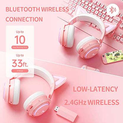 SOMIC Cat Ear Headphones, 2.4G/Bluetooth Wireless Gaming Headset for PS5, PS4, PC with RGB Lights and Retractable Mic, 10Hrs Playtime, 7.1 Surround Sound for Laptop, Smartphone-GS510 Pro - Pink - size: 2.4G+Bluetooth+Wired
