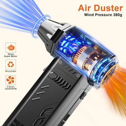 Electric air Duster，250,000RPM Super Power mini Blower,2 Swappable Battery | 3-speed adjustable rechargeable air duster with multiple nozzles，for cleaning car, keyboard, computer, leaves,home & outdoor.