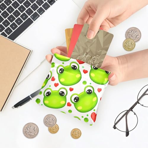 Leather Waterproof Portable No Zipper Purse, Coin Pocket Pouch Change Holder, Small Storage Bag for Men Women Headset Credit Card ID Key Lipstick, (Cute Green Frogs)