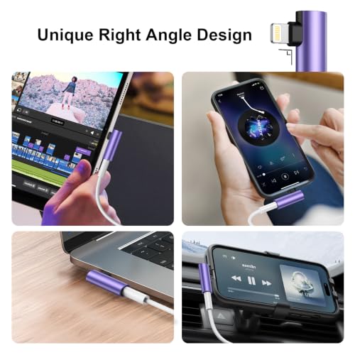 2Pack [Apple MFi Certified] Lightning to 3.5 mm Headphone Jack Adapter Compatible for iPhone 14 13 12 11 Pro XR XS Max X 8 7 6,iPhone Headphones Adapter Aux to Lightning Cable Audio Dongle Right Angle - color: Purple