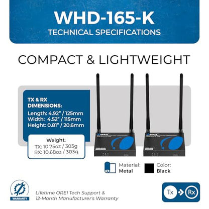 OREI 1080p HDMI Sender and Receiver Wireless 165ft, IR Support, Low Latency | Wireless HDMI Extender – 5GHz, HDMI Loop Out, SSID Pairing, Channel Switching, IR Passback, 24/7 Operation - size: 1080p, style: TX & RX Kit