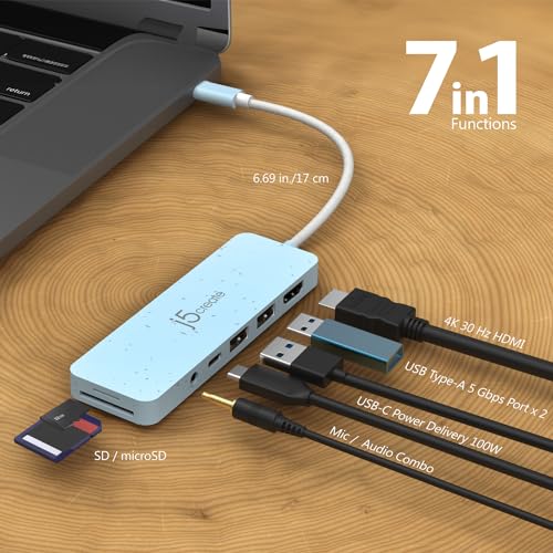 j5create USB-C Multi-Port Hub with Power Delivery with 4K HDMI/2 USB-A | PD 100W Charging SD&Micro SD/3.5mm Audio | for MacBook Pro&Air/iPad Pro/iMac/Surface/XPS/Thinkpad/Galaxy/and More(JCD373EC) - color: Fresh Cyan