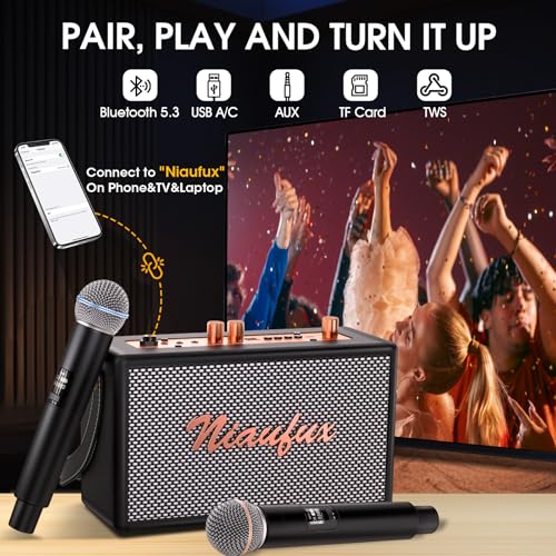 Karaoke Machine, Retro-Design Speaker with 2 Wireless Microphones for Adults & Kids, Portable Karaoke System for Home Party, Bluetooth/AUX/USB/TF/TWS Support, Gifts for Women & Girls - style: Black