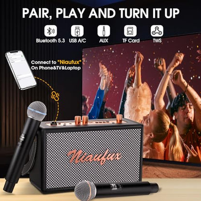 Karaoke Machine, Retro-Design Speaker with 2 Wireless Microphones for Adults & Kids, Portable Karaoke System for Home Party, Bluetooth/AUX/USB/TF/TWS Support, Gifts for Women & Girls - style: Black