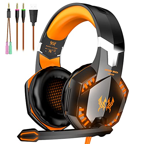 VersionTECH. G2000 Gaming Headset, Bass Surround Gaming Headphones with Noise Cancelling Mic, LED Lights, Soft Memory Earmuffs for PS5/ PS4/ Xbox One Controller/Laptop/PC/Mac/Nintendo NES Games-Yellow - color: Orange