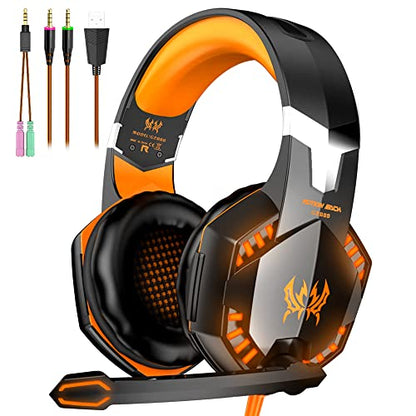 VersionTECH. G2000 Gaming Headset, Bass Surround Gaming Headphones with Noise Cancelling Mic, LED Lights, Soft Memory Earmuffs for PS5/ PS4/ Xbox One Controller/Laptop/PC/Mac/Nintendo NES Games-Yellow - color: Orange