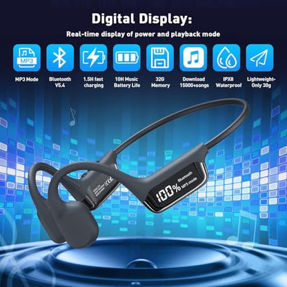 Swimming Headphones,IPX8 Underwater Swimming Headphone with LED Display,Bone Conduction Swim Headphone Built-in 32G Memory MP3 Player,Open Ear Earphones for Running Cycling