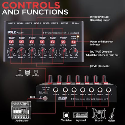 Pyle 6-Channel Bluetooth Mini Line Mixer with USB Audio Interface - 6 Mono/Stereo Switching Inputs | Ultra-low Noise Design with High Headroom | Built-in USB-C Sound Card - PMAX6 - size: 6 Channel
