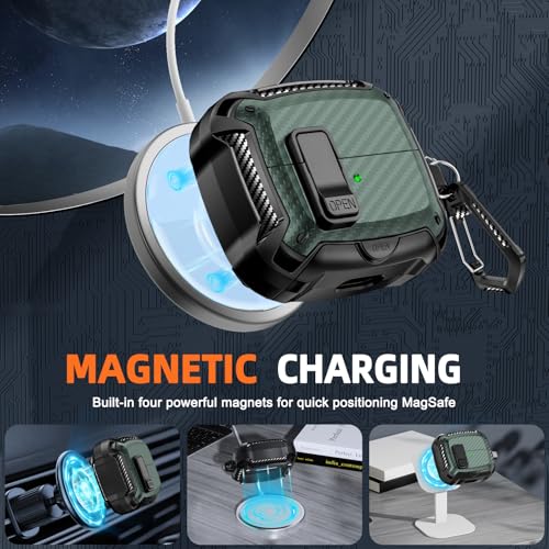 Safety Lock Case for Samsung Galaxy Buds3 FE/Pro/3 (Green) | Compatible with MagSafe, Carbon fibre texture Design,with Phone Stand& Cleaning kit,Keychain, - color: A-b-Grenn