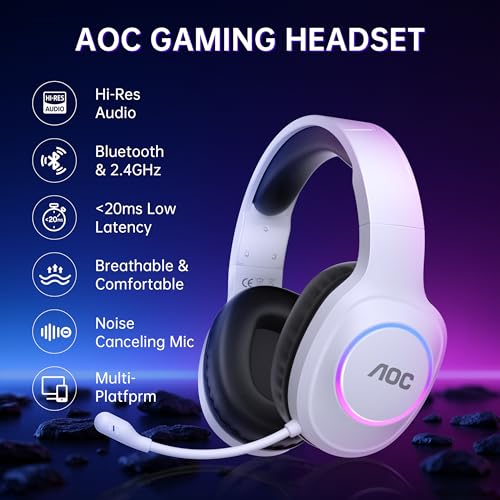 AOC PS5/4, 스위치, PC와 호환되는 무선 게이밍 헤드셋 - 화이트 | USB-C 및 블루투스 5.4 및 2.4GHz 게이밍 헤드폰, 노이즈 캔슬링 마이크, 7.1 가상 서라운드, 20ms 대기 시간, 45H, RGB - color: 화이트.
