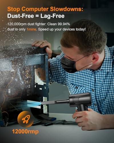 11-in-1 Compressed Air Duster-3-Gear Adjustable 120000 RPM Electric Air Duster with LED Light, Reusable no Canned Keyboard Cleaner for Office, 9000mAh Cordless Air Duster for Computer/Car/Home (Black)