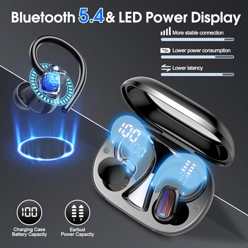 Wireless Earbuds, Bluetooth 5.4 Headphones Sport, Over Ear Buds with ENC Noise Canceling Mic, Deep Bass Stereo Ear Buds with Hook, 50H Playback, LED Display, IP7 Earphones for Workout Running, Black | 50H Playback, IP7 Waterproof Earphones for Workout Run