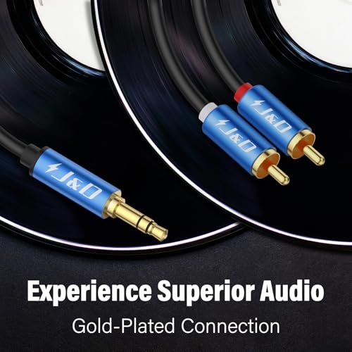 J&D 3.5mm Male to 2 RCA Phono Male Stereo Audio Cable, Aluminum Alloy Shell Gold-Plated RCA Audio Adapter Aux Cable, Blue, 3 Feet - color: Blue, size: 3 Feet