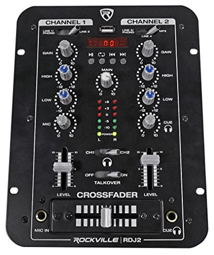 Rockville RDJ2 2-Channel DJ Mixer with USB and Talkover | 4 RCA Line Inputs, USB MP3 Player, 1/4" Mic/Headphone Jacks, Cue Monitor, 3-Band EQ, Crossfader, Master/Rec Outputs - style: without bluetooth