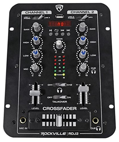 Rockville RDJ2 2-Channel DJ Mixer with USB and Talkover | 4 RCA Line Inputs, USB MP3 Player, 1/4" Mic/Headphone Jacks, Cue Monitor, 3-Band EQ, Crossfader, Master/Rec Outputs - style: without bluetooth