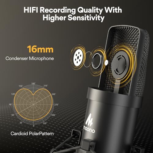 MAONO USB Microphone, 192KHZ/24Bit Plug & Play PC Computer Podcast Condenser Cardioid Metal Mic Kit with Professional Sound Chipset for Recording, Gaming, Singing, YouTube, A04, MH700