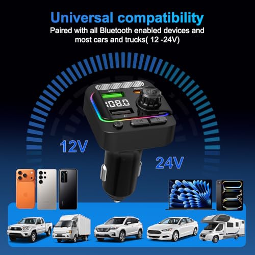 63W FM Transmitter Bluetooth Car Adapter, Wireless FM Bluetooth Transmitter | [PD 45W & QC3.0] Fast Charge, Deep Bass Player, Hands-Free Calling, Black - color: Black