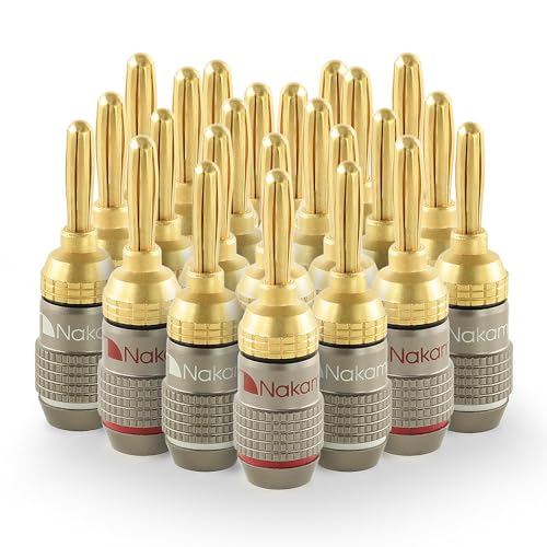 Nakamichi FanLock Excel Series 24k Gold Plated Banana Plugs, 10-18 AWG | Gauge Size 4mm for Speakers Amplifier Hi-Fi Stereo Radio AV Receiver Audio Wire Cable Quick Connector, 24 Pcs (12-Pairs) - size: 24 Pcs (12-Pairs)