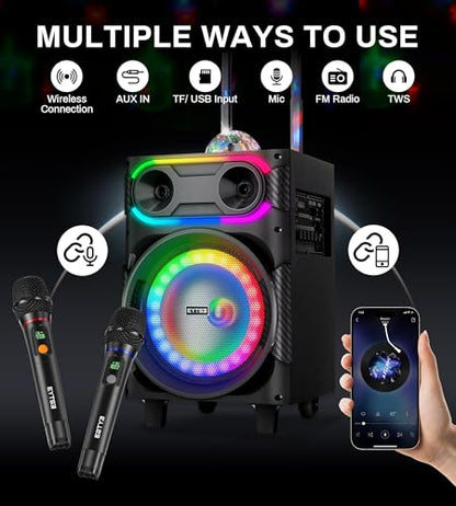 Karaoke Machine for Adults with 2 Wireless Microphones, BT PA System with Disco Ball LED Lights, Rolling Wheels, Tablet Holder, Remote Control, Support TWS/USB/AUX/TF/REC/FM for Home Parties