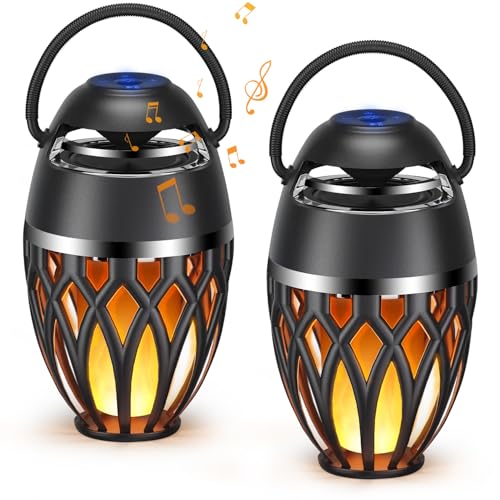 2 Pack Outdoor Bluetooth Speakers with Flame Flickers Light IPX5 Waterproof