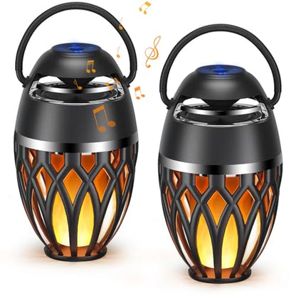 2 Pack Outdoor Bluetooth Speakers with Flame Flickers Light IPX5 Waterproof