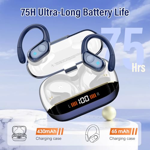 75H Sports Wireless Earbuds Bluetooth 5.4 Headphones Stereo, Dark Blue | Over Ear Buds with Earhooks, LED Display Bluetooth Earbuds with 4 ENC Mic, IP7 Waterproof Earphone for Running