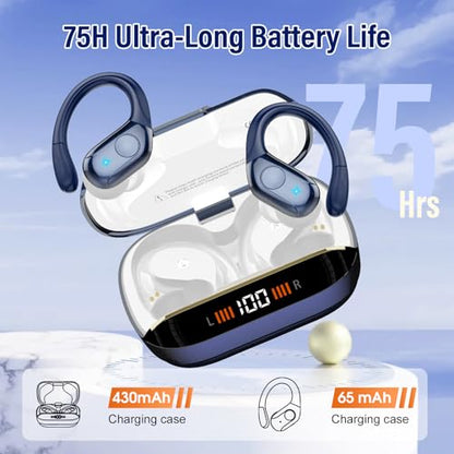 75H Sports Wireless Earbuds Bluetooth 5.4 Headphones Stereo, Dark Blue | Over Ear Buds with Earhooks, LED Display Bluetooth Earbuds with 4 ENC Mic, IP7 Waterproof Earphone for Running