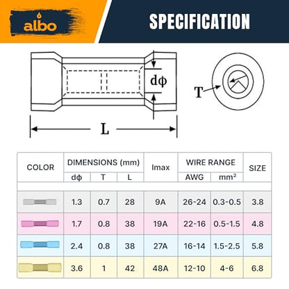 ALBO 400 Pcs Heat Shrink Butt Connectors for 26-10 AWG Electrical Wire | Strong Crimped Splices, Heat-Activated Seal Helps Block Moisture and Prevent Wire Pullout - color: Butt 400Pcs Set 26-10 AWG