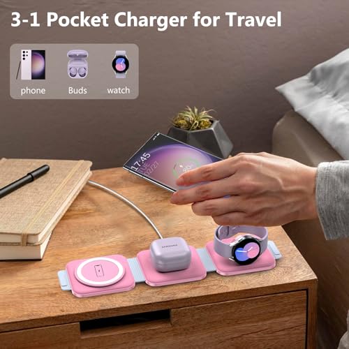 Travel Charger for Samsung Multi Devices, Foldable 3 in 1 Wireless Charging Station Fast Charging Stand/Pad Compatible for Samsung Galaxy S25/S24/S23/S22/S21/Note20 Galaxy Watch8/7/6/5/4/Galaxy Buds4 - color: Pink