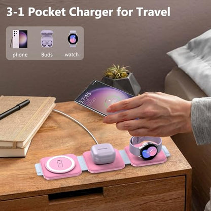 Travel Charger for Samsung Multi Devices, Foldable 3 in 1 Wireless Charging Station Fast Charging Stand/Pad Compatible for Samsung Galaxy S25/S24/S23/S22/S21/Note20 Galaxy Watch8/7/6/5/4/Galaxy Buds4 - color: Pink