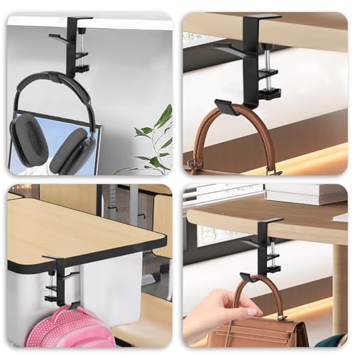 Jeffdad Metal Headphone Hook, Headphone Hanger with Double Hooks, Universal Aluminum Alloy Gaming Headphone Stand Under Desk, Non-Slip Adjustable Desk Headphone Hanger Hook
