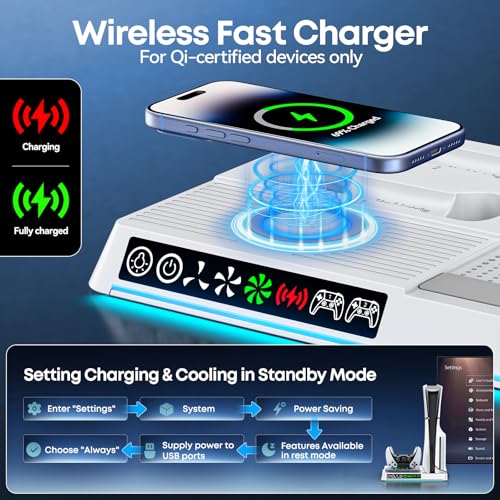 PS5/Slim/Pro Cooling Station with Wireless Charging & Dual Controller Dock | Wireless Phone Charger, 2.5H Fast Charging Base for DualSense & Edge Controller, 3‑Speed Fan, 9-color RGB PS5 Vertical Stand
