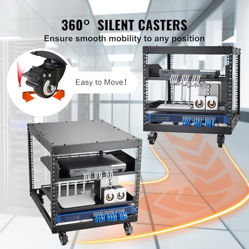 VEVOR 9U Open Frame Server Rack, 23''-40'' Adjustable Depth, Free Standing or Wall Mount Network Server Rack, 4 Post AV Rack with Casters, Holds All Your Networking IT Equipment AV Gear Router Modem - size: 9U