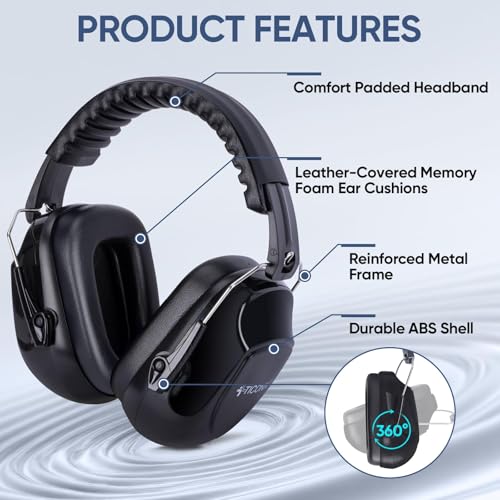 TICONN Noise Cancelling Ear Muffs for Adults, SNR 33dB Hearing Protection, Adjustable Safety Earmuffs for Construction - color: Black
