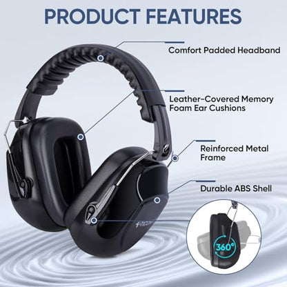 TICONN Noise Cancelling Ear Muffs for Adults, SNR 33dB Hearing Protection, Adjustable Safety Earmuffs for Construction - color: Black